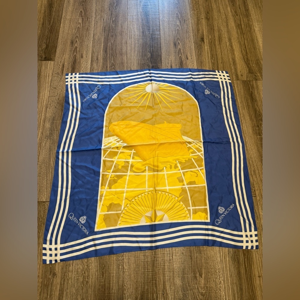 Vintage Queen Victoria Blue Yellow Silk Scarf